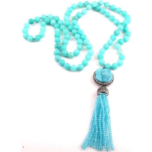 Free Shipping Bohemian Tribal Jewelry long Knotted Natural Semi Precious Stones & Druzy and Crystal Tassel Necklaces