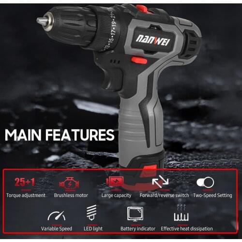 12V Brushless Electric Drill Cordless Drill Driver Power Drill Rechargeable Drill with LED Light 25+1 Torque screwdriver