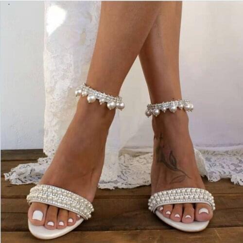 Summer lace flower high-heeled thick-heeled large size bridal wedding shoes white mid-heel pearl banquet dress female sandals