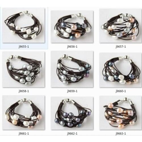 8" 13mm 15row white pink purple gray black Assorted pearls beads Strand wine red leather bracelet j9664