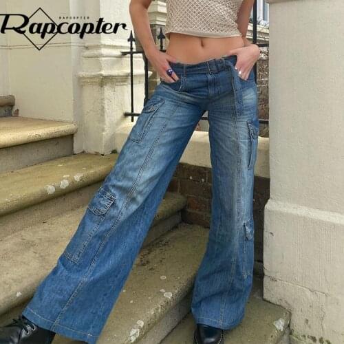 Rapcopter y2k Big Pockets Jeans Sashes Low Waisted Denim Pants Vintage Straight Casual Baggy Trousers Women Blue Punk Jeans 90s