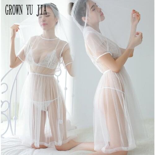 Erotic White Bride Wedding Dress Porn Women Hot Babydoll Cosplay Sexy Costumes Lingerie Set Perspective Mesh Yarn Bride Uniforms