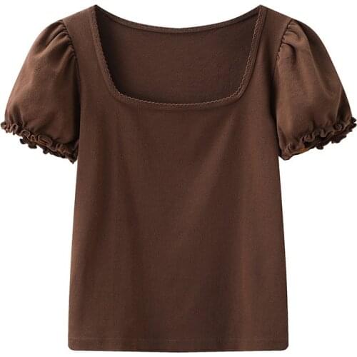 Sweet Women Soft Cotton Square Collar T-shirt 2021 Summer Fashion Ladies High Street Cute T-shirt Female Solid Color T-shirt