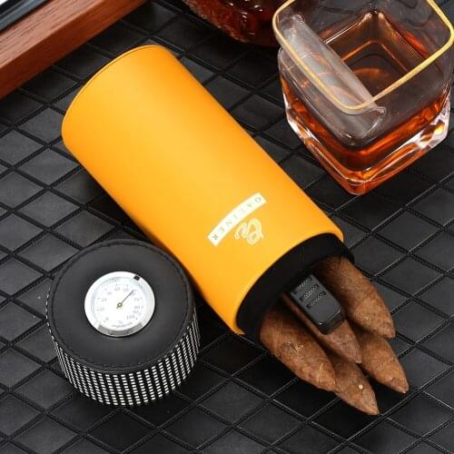 GALINER Travel Cigar Jar Tube Cedar Wood Leather Cigar Case Portable Fit About 5 Cigars Humidor Box W/ Hygrometer Humidifier