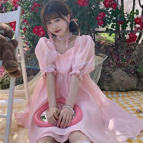 Korean Summer New Sweety Girly Style Dress Square Collar Puff Sleeve Gauze Ruffles Elegant Pure Princess Pink Dresses For Women
