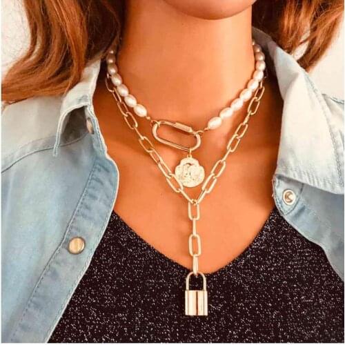 Lislesp Multi Layer Gold Color Lock Pendant Choker For Women Fashion Punk Necklace Simulated Pearl Jewelry Collar Party Gift