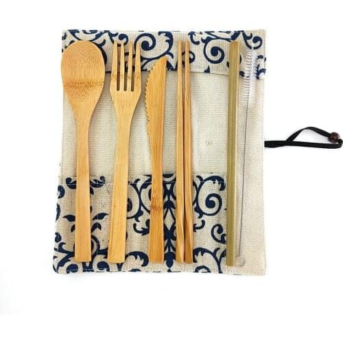 Tableware Set Bamboo Cutlery Set Wood Straw with Travel Cloth Bag Wooden Spoon Fork Knife Dinnerware Set Wholesale