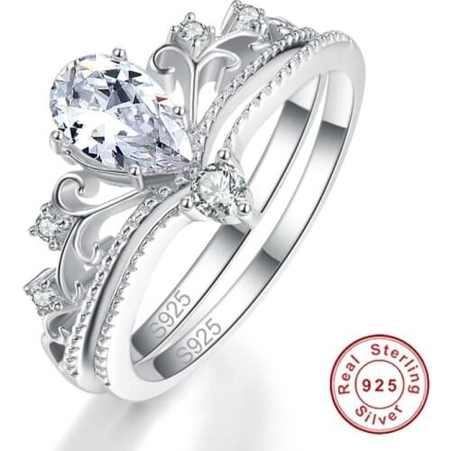 New Simple 2PCS Water Drop Clear Crystal Crown Ring Set 100% S925 Sterling Silver Ring Classic Fine Jewelry Women Party Gift