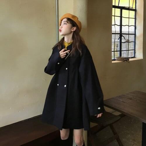 2020The Autumn Winter Korean Fashion Loose Coat for Ladies Mid-length Cloak Woolen Coats Black Retro Elegant Woman Jacket AO67