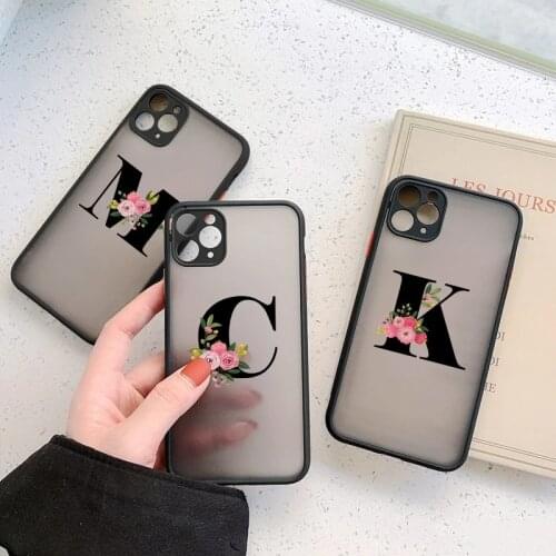 Letter A-Z Phone Case For iPhone 12 11 12Pro Max Matte PC+TPU Alphabet Flower Back Cover X XR XS Xs Max 7 8 Plus 12mini 11ProMax