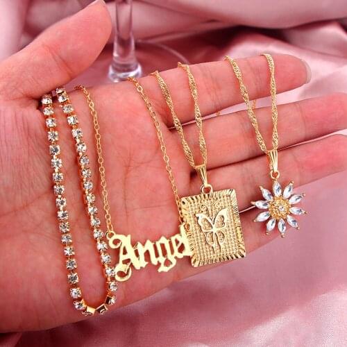JUST FEEL Angel letter Rhinestone Chain Choker Necklace for Women Multilayer Butterfly Crystal Flower Pendants Necklaces Jewelry