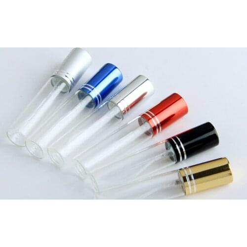 18pcs/lot 10ML Transparent Thin Glass Spray Bottle Sample Glass Vials Portable Mini Perfume Atomizer Gold Silver 6 Colorful Cap