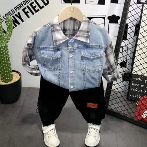 2 3 4 5 6 Years Boys Clothing Sets Casual Plaid Long Sleeve Stitching Denim Shirt Pants Kids Tracksuit Stylish Clothes For Boys