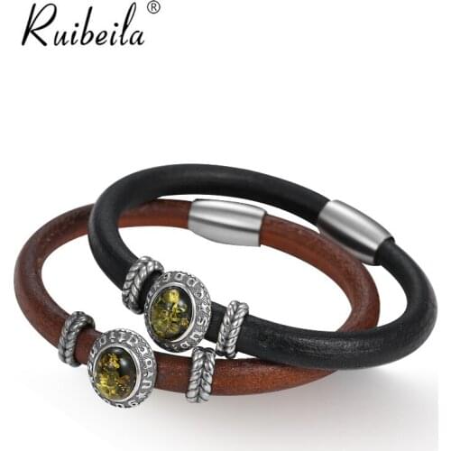 Ruibeila real cowhide amber gemstone couple bracelet leather rope 925 silver cool unisex jewelry bracelet