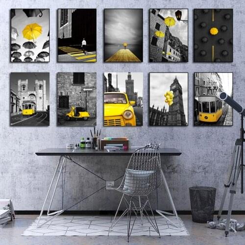 Nordic Retro City Landscape Yellow Car Road Canvas Painting Boat Umbrella Balloon Wall Picture Poster Living Room Decoration