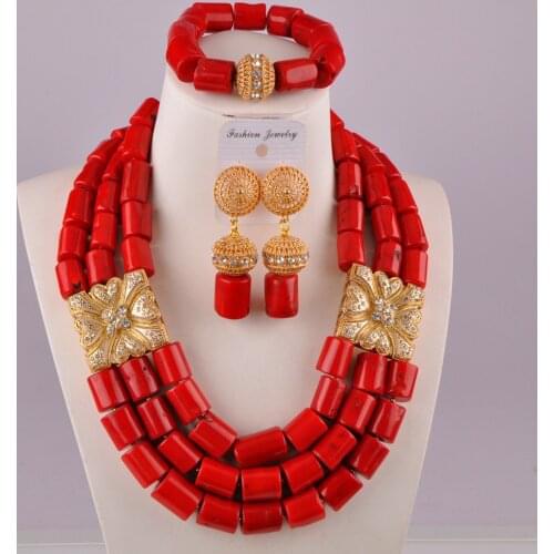 Stylish red nigerian wedding coral beads costume necklace african jewelry set C21-21-01
