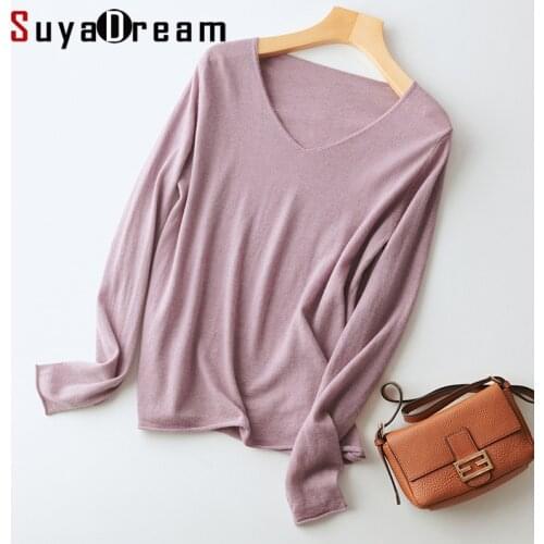 SuyaDream Women 100%Wool Sweaters 2021 Winter V Neck Pullovers 2021 Fall Winter Bottoming Top