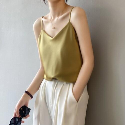 Spaghetti Strap Top Women Halter V Neck Basic White Cami Sleeveless Satin Silk Tank Tops WomenS Summer Camisole 2021 y2k