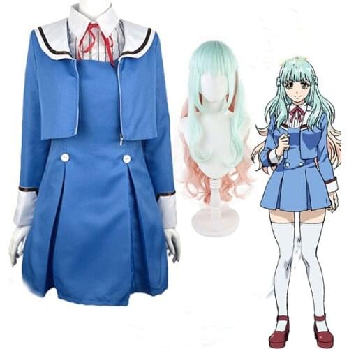Japan Anime High Rise Invasion Kuon Shinzaki Cosplay Costume Tenkuu Shinpan School Girl Uniform Blue Dress Long Wig for Women