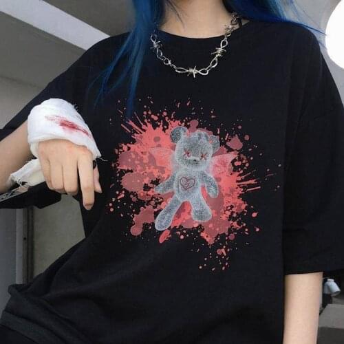 2019 Gothic T shirt Women Halloween Horror Bear Print Harajuku Spoof Personality Dark Tops Casual Loose Female Clothes