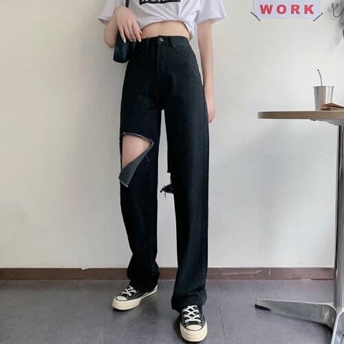 IMucci Summer 2020 New Black Pants Beggar Hole High Waist Wide Leg Pants Loose Loose Straight Pants Jeans Women TM2412