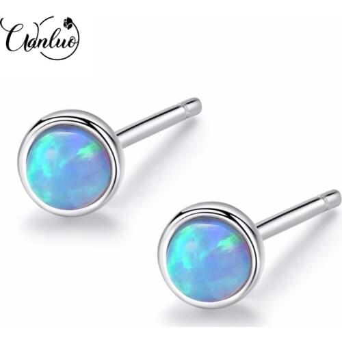 WANLUO Fire Opal Earrings Silver 925 Elegant Small Sterling Silver Blue Opal Hamsa Stud Earring for Women Orecchini