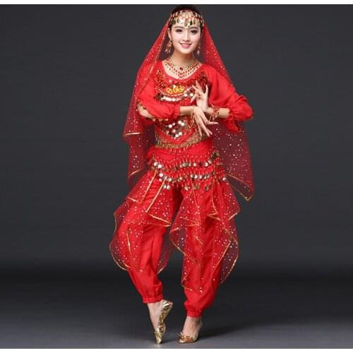Women Dance Clothes Sari Belly Dance Costume Set Bollywood Indian Pants Costume 5 pcs:top, belt, trousers, bracelets and veil