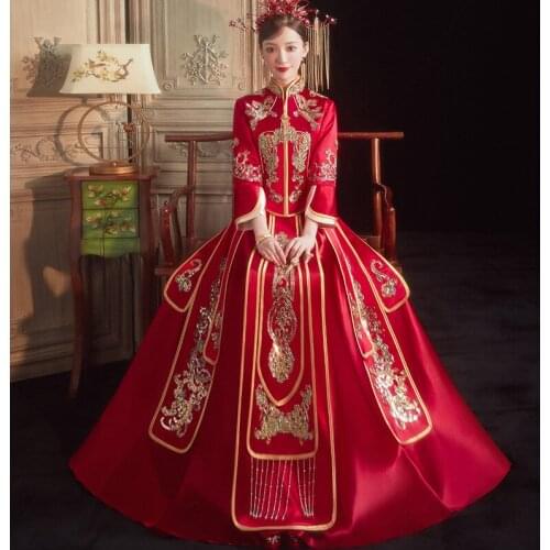 Women Banquet Bride Dress Chinese Traditional Wedding Mandarin Collar Three-Quarter Sleeve Embroidery Cheongsam китайская одежда