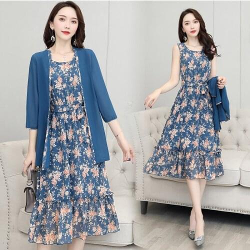 2021 New Arrival Spring Summer Womens Chiffon Dress Suits Coat Two 2 Piece Set Floral Print A-line Dresses Female Casual Holiday