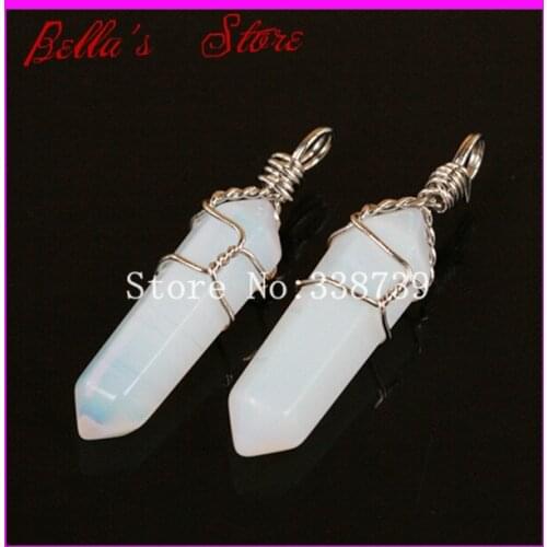 1pc Nature Crystal Opal Opalite Pendant,Healing Wire Wrapped Hexagon Point Gems Druzy Quartz Pendant