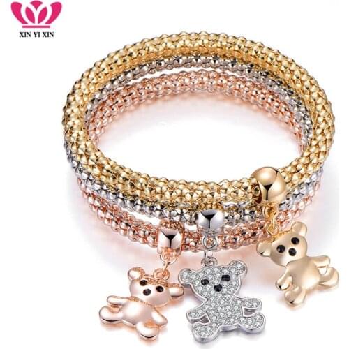 3Pcs Cute Bear Crystal Charms Bracelets For Women Gold Color Mix Colors Pendant Popcorn Animal Bracelets Fashion Jewelry 2019
