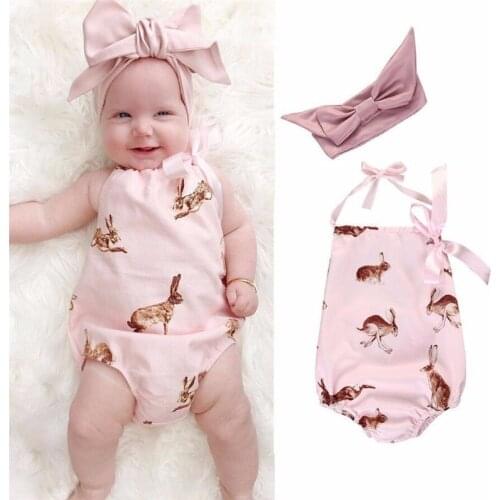 Summer Baby Girl Bodysuits Rabbit Newborn Baby Girls Bodysuit Jumpsuit 2Pcs Outfit Clothes Set Cotton O-neck Sleeveless