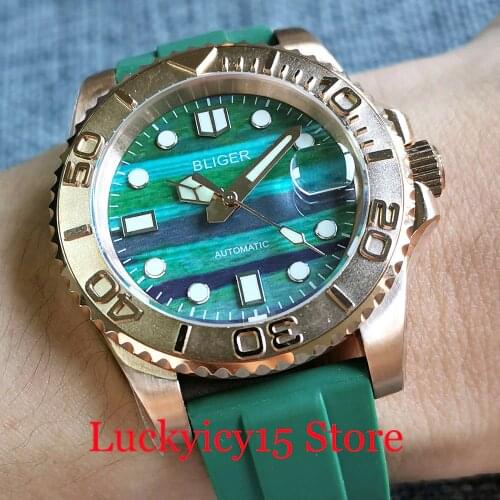 BLIGER Rose Gold NH35A 40mm Men Watch Automatic Wristwatch Screw Crown Sapphire Crystal Rubber Band Luminous Dial