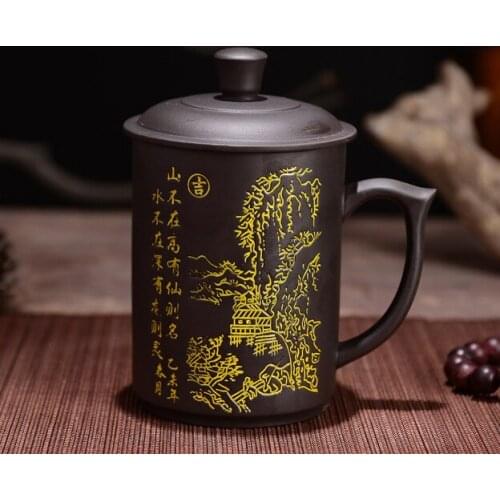 Chinese Yixing Tea Cup,Purple Clay Landscape Painting Tea Pot with cover for Coffee & Tea Sets 350ML