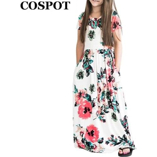 COSPOT Baby Girls Beachwear Long Dresses Girl Bohemian Fashion Short-sleeved Floral Dress Princess Summer 2021 New 2T-10T 45