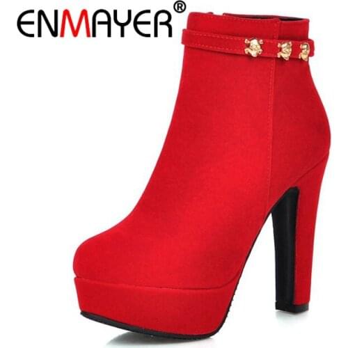 ENMAYER Woman Ankle boots High heels Winter Women Boots Flock Fashion Metal Zipper Spike heels Round toe Platform Shoes CR1567