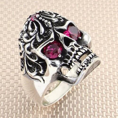 Sterling Silver Ornate Crazy Skull Head Model Ring Ruby Gemstone Ring Made in Turkey