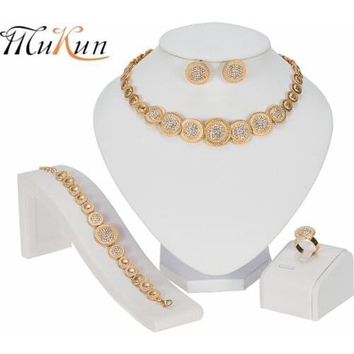 New Fashion Women Gold Color Jewelry Sets Round Design Necklace Bracelet Ring Earrings Set Bridal Wedding Party Gift Jewelry