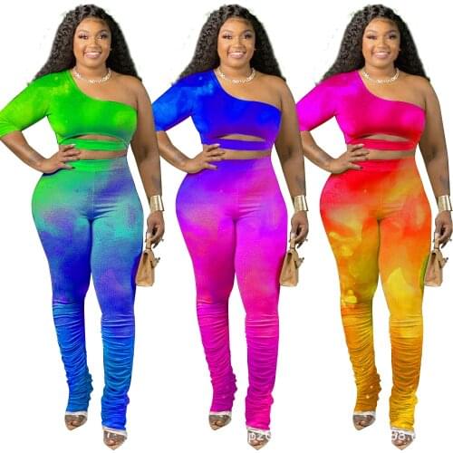 Summer L-4Xl Plus Size Sets Women Clothing Fashion Sexy Tie Dye Pleated Flared Pants And One-Shoulder Tops Outfit For Women