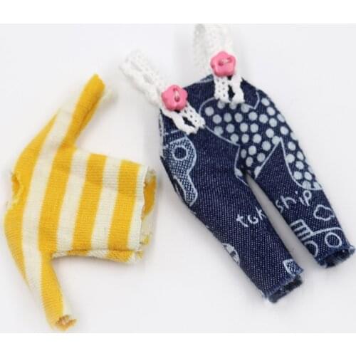 Mini blyth doll clothes deep blue overalls and yellow stripes long sleeve T-shirt for 12cm doll