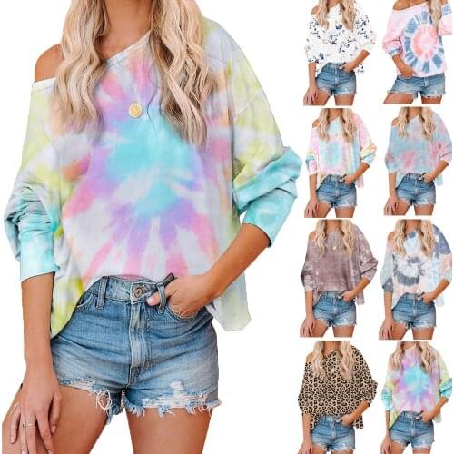 2021 New Fashion Women Long Sleeve Hoodless T-shirts Tie-dye O-neck Chic Oversize Tees Teens Womens Harajuku High Street Ins Top