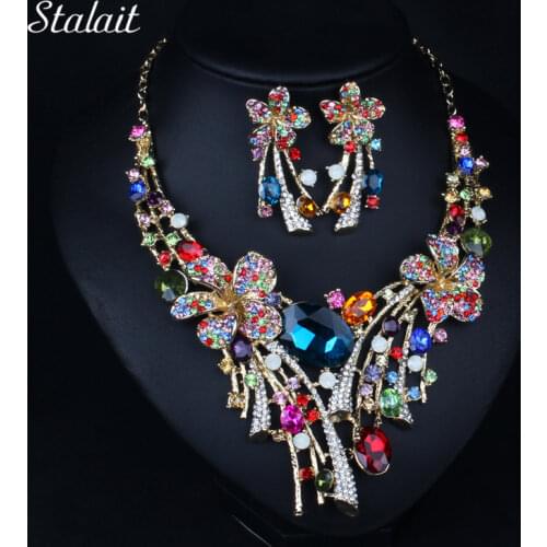 Hot 2019 New Austrian Crystal Jewelry Luxury Big Colorful Flower Wedding Bridal Jewelry set Statement Necklace Earrings