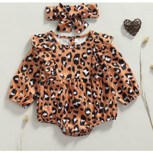 3-18M Baby Girls Casual Bodysuit with Headband Leopard Print Long Sleeve Rompers Spring Autumn O-neck Romper and Headdress