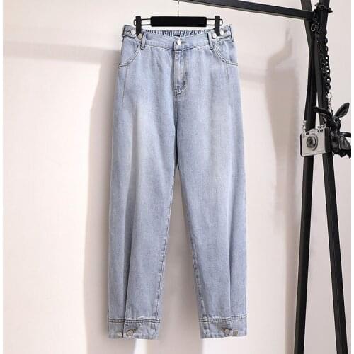 Plus Size 6XL Womens Spring New Korean Version Loose Solid Color Female Pants Two Buckles Feet Trousers Light Blue Jeans W45