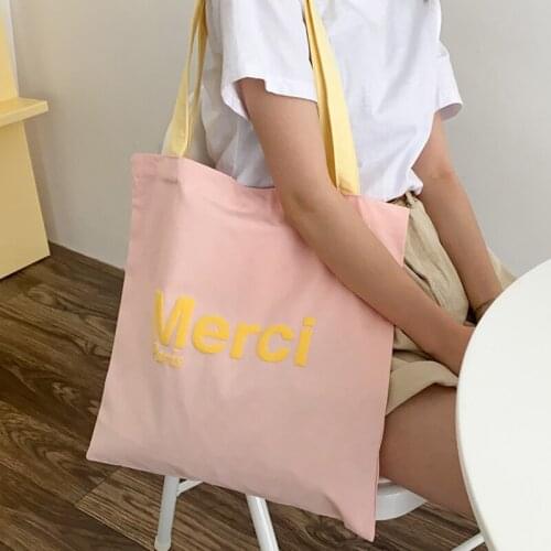 Letters Print Pink Cotton Canvas Shoulder Bags for Women 2021 New Eco Cloth Fashion Shopping Books Bags Casual Tote Handbag