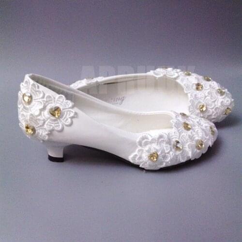 3CM mini small heel white lace wedding shoes bride gold heart shape crystal rhinestones flower girls party dinner lace shoe