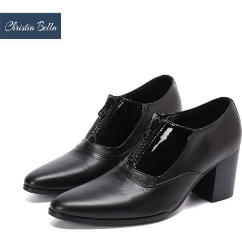 Christia Bella British Men Party Leather Shoes High Heels Man Short Boots Nightclub Black Real Leather Dress Shoes Plus Size