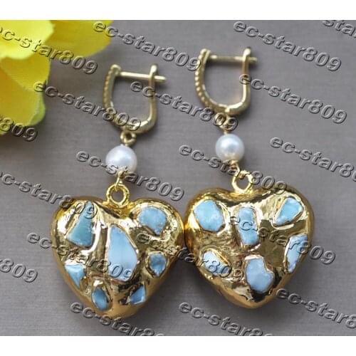 Z11348 28mm Blue Aquamarine Heart Gold Plated Dangle Earring CZ Women Fasion Jewelry