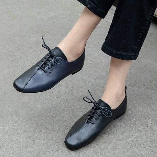 EshtonShero Womens Flats Shoes Woman Cow Leather Flat Heels Autumn Fashion Lace Up Loafers Ladies Casual Shoes Size 3-12