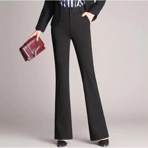 2021 New Casual Office Women Flare Pants High Waist Solid Color Pockets Long Trousers Wide Leg Stretch Ladies Cargo Work Pants